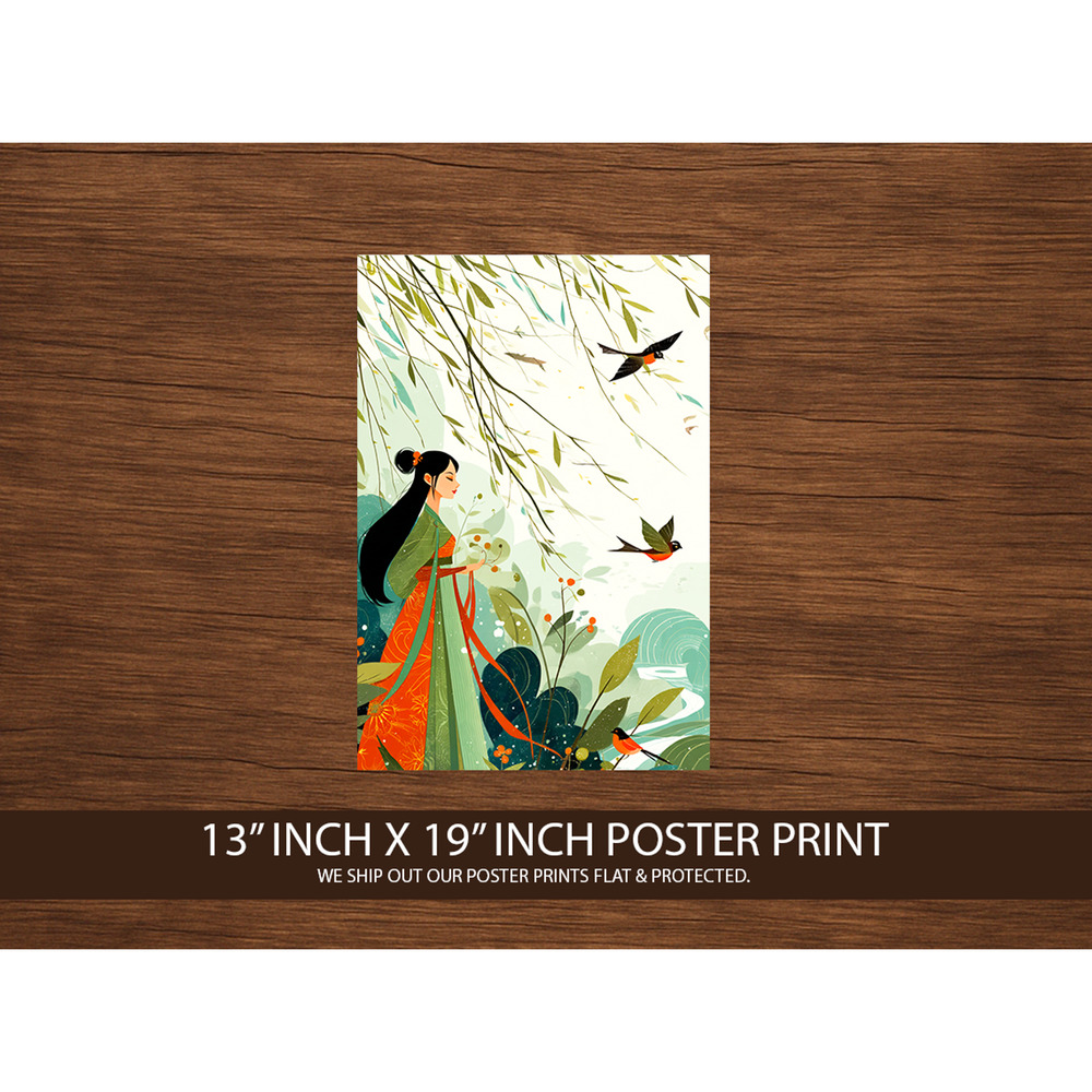 Asian Garden Girl Poster Print 13x19 – Nature & Bird Wall Art – Elegant